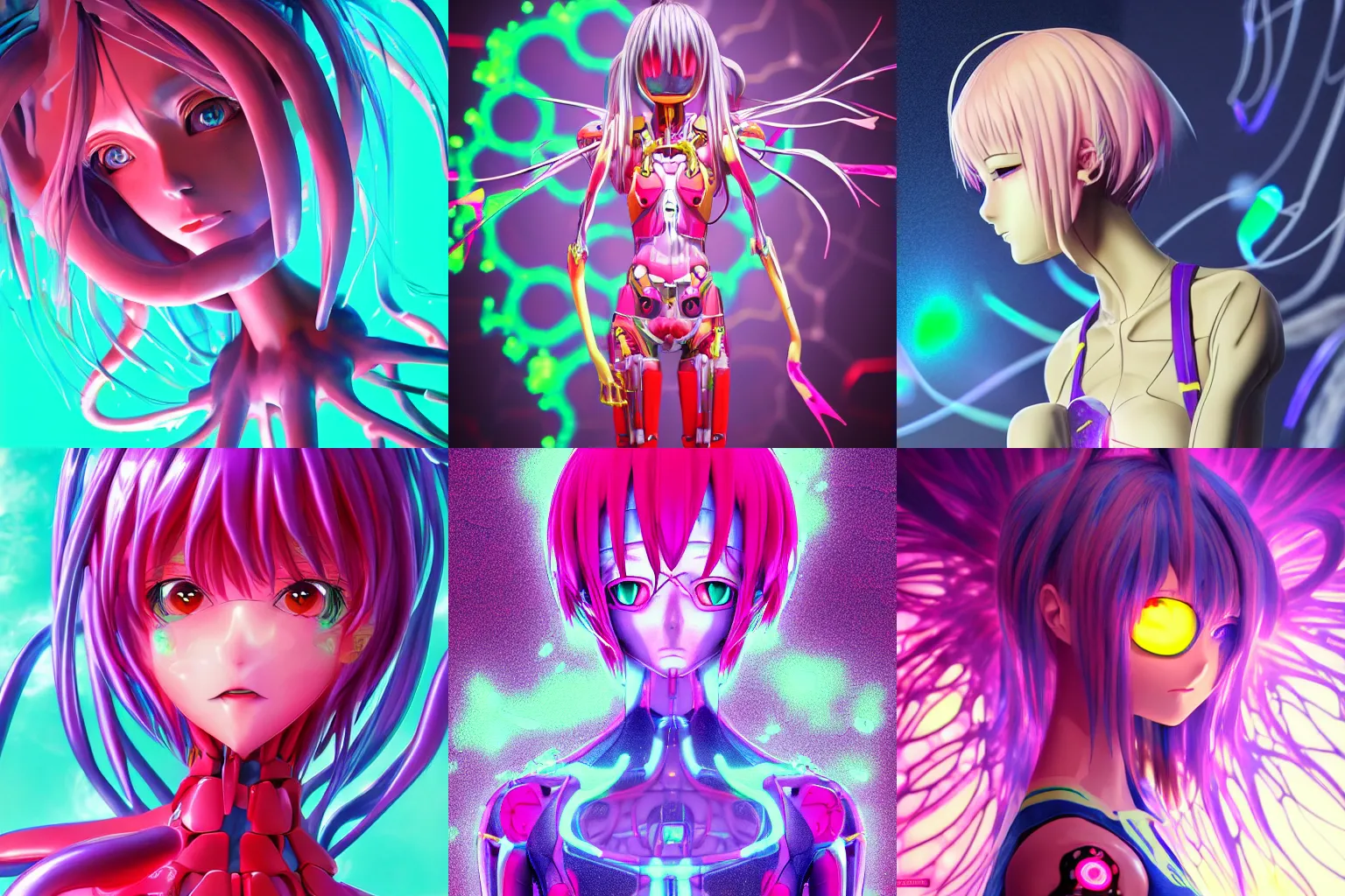 Prompt: intricate anime girl neon genesis evangelion, jellyfish bio-mechanical bio-luminescence, octane render, trending on artstation, hyper realism, 8k, fractals, pattern