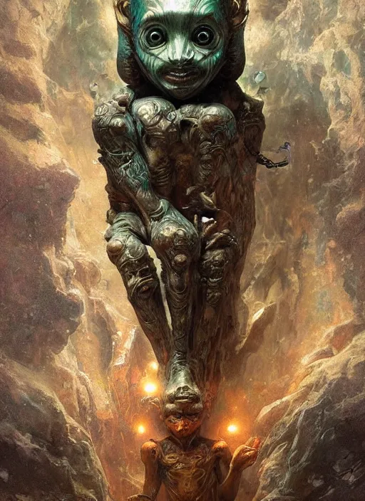 Prompt: hyper realistic photography of intricate symmetric strange alien child god sitting on ruined ornamented opal throne in a crystal cave detailed, greg rutkowski, mignola, moebius, artstation, cgsociety