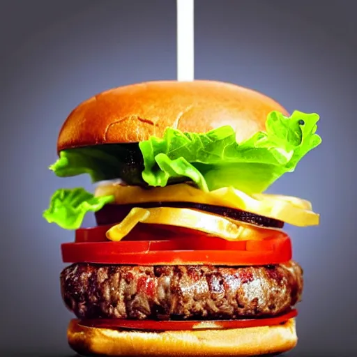Image similar to most delicious hamburger ever created, very tall with layers of meat tomato lettuce cheese and bacon, professional food photography on black background, trending on instagram