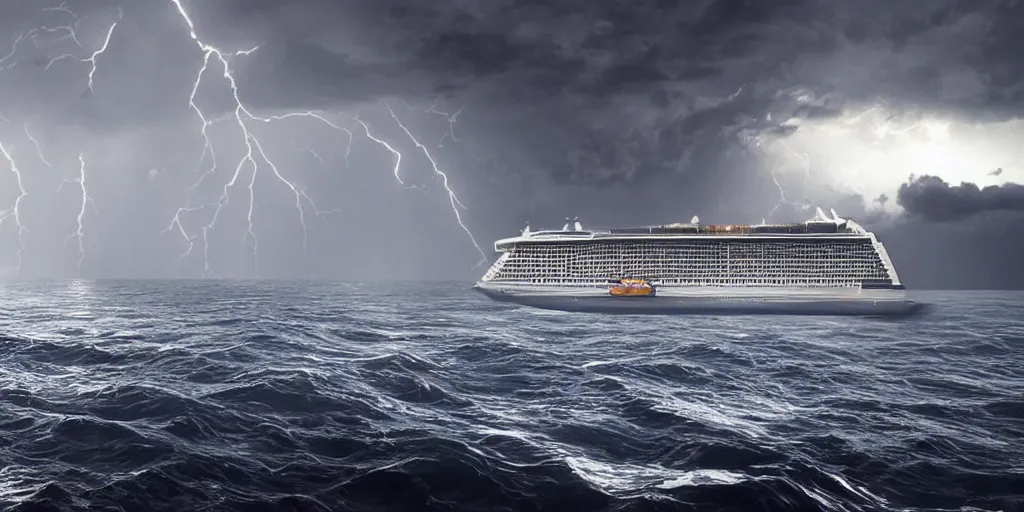 Prompt: the cruise ship lying on its side in sea, sinking, dark, storm, thunderstorm unreal engine Hight detailed An epic fantastic realism dinamic lighting