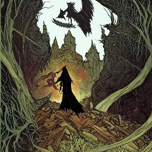 Prompt: the dark hooded thief with a glint in his eye slays the morrigan, beautiful and terrible, on a cliffside. award winning fantasy concept art by rebecca guay and dan mumford.