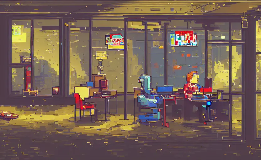 Image similar to Arcade-game Character sitting and relaxing in front of their work desk in their cozy room as a peaceful rainy city scene is seen through the room's window. Smooth Highly detailed masterpiece pixel-art. in the style of Close Highly detailed masterpiece professional artistry Sega, Namco, Neogeo, Capcom artist's Pixel-art. Trending on artstation. Slice-of-life genre art. Balanced colors and lighting scheme by James Gurney and artgerm. In the style of a 'Music to chill/study' to youtube video.