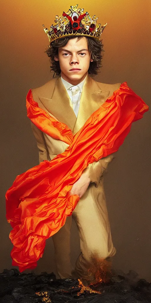 Image similar to young Harry Styles wearing a firey red and orange tissue paper with a golden crown and a black prince tuxedo by Prada. bubbling pools of lava in the crater of a volcano. ethereal, fantasy, Lawrence Alma-Tadema, James Jean, oozium, peter morbacher, angelarium, alchemy, luxury, heavenly light, Soft illumination, Trending on artstation, Cinematic Lighting, very detailed, 3D, octane render, artgerm