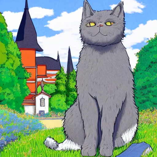 Prompt: illustration of a fluffy grey cat pointing it's paw at a priest in front of a white stave church by studio ghibli fantastic realism ultra - wide angle lens, early morning - - ar 4 : 3