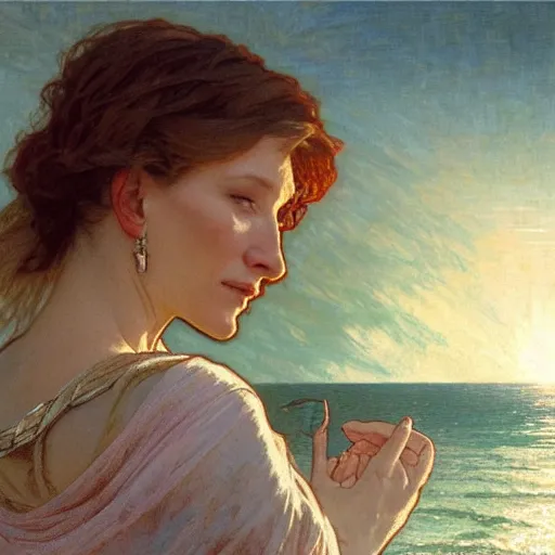 Image similar to a matte painting of cate blanchett watching the sunset wife by the beach, by greg rutkowski, by alphonse mucha, muted colors