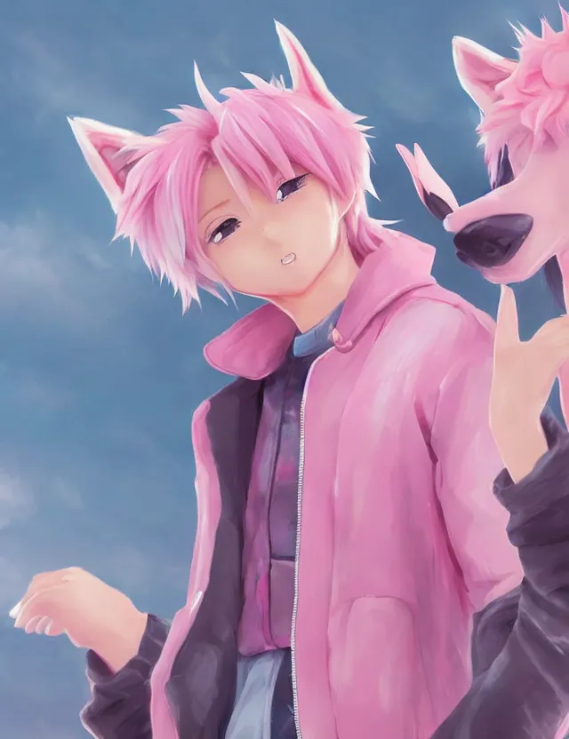 Image similar to cute anime boy with pink hair and pink wolf ears and pink wolf tail wearing stylish clothes. very detailed digital painting, trending on artstation, octane render, random artists