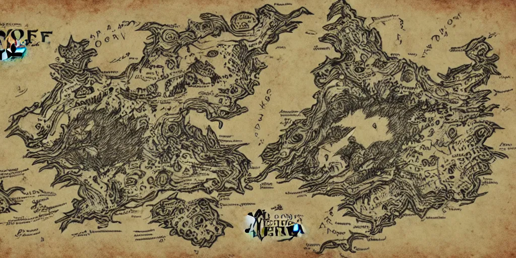 Image similar to face of a wolf in the style of a Map-style Skyrim, Lord of the rings map, zelda breath of the wild map, video game style, drawing on parchment