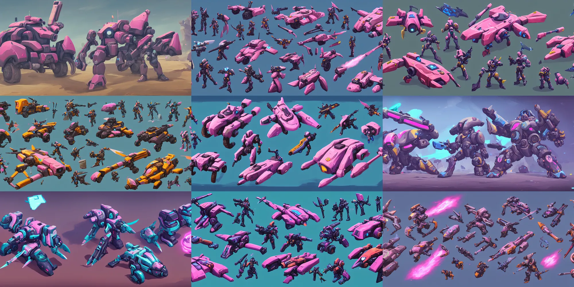 Prompt: game asset of terran vehicles, in gouache detailed paintings, props, stylized, 2 d sprites, kitbash, arcane, overwatch, blue and pink color scheme, 8 k, close up