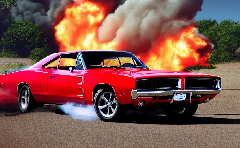 Image similar to a red 1 9 6 8 dodge charger r / tdriving high speed, fire explosion in the background, action scen. realistic. high resolution. dramatic