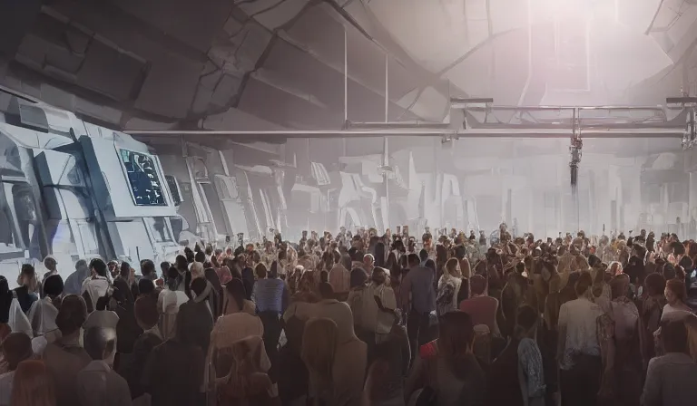 Image similar to crowd of people in simple white museum, looking at hologram of futuristic city on a table, cinematic concept art, godrays, golden hour, natural sunlight, 4 k, clear details, tabletop model buildings, center model buildings, hologram center, crane shot, crane shot, crane shot, white walls