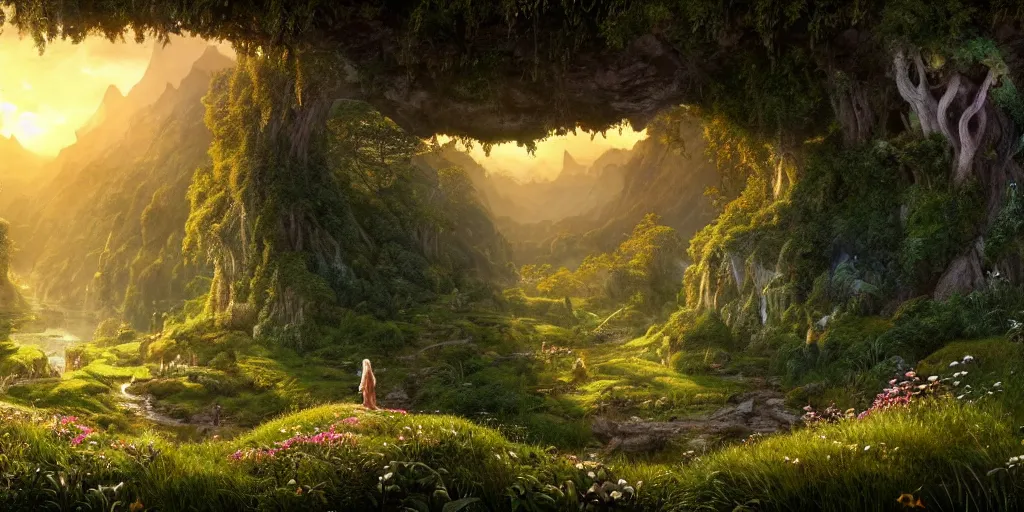 Image similar to a fairy in the lord of the rings scenery landscape, looking out at a vast lush valley flowers and homes made of mushrooms, mysterious ， stream, sunrise, wallpaper ， god's rays highly detailed, vivid color, cinematic lighting, perfect composition, 8 k, gustave dore, derek zabrocki, greg rutkowski, belsinski, octane render