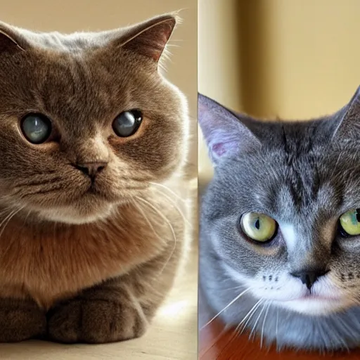 Image similar to a Scottish Fold cat and a British Short cat . both catsnare grey. in the style of Garfield comit artist Jim Davis.