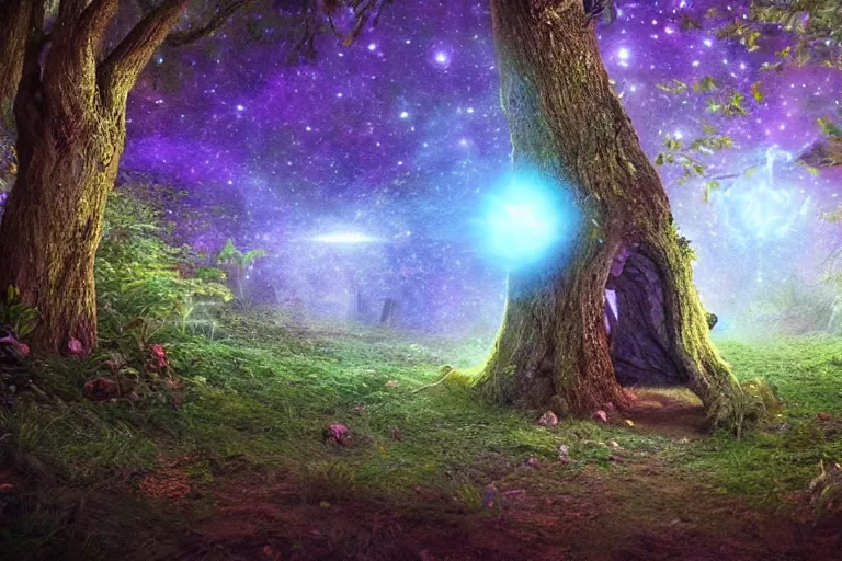 Prompt: A cosmic portal in an enchanted forest. Cinematic lighting. Photorealism.