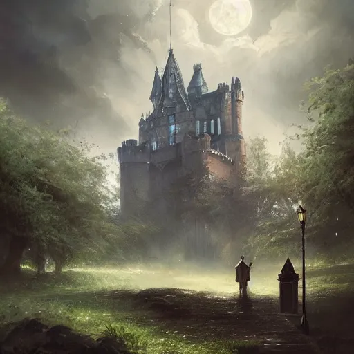 Prompt: a hidden entrance in the trees, victorian setting, dramatic light, castle background, clouds, moon, storm, night, high detail, fantasy background, painted by greg rutkowski, digital art, trending on artstation