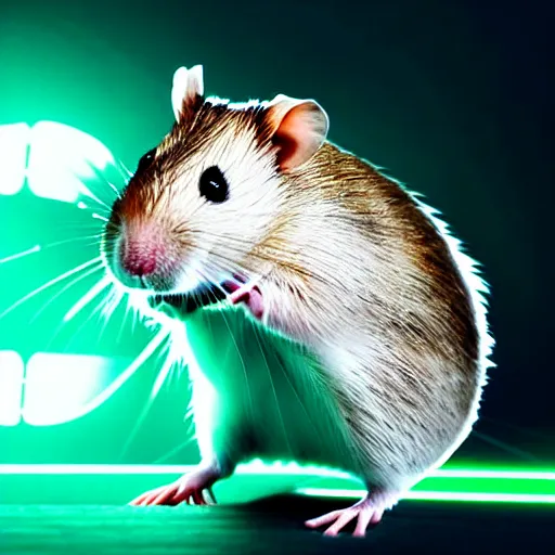 Image similar to uhd candid photo of an android hamster with cybernetic implants and laser eyes. photo by annie leibowitz