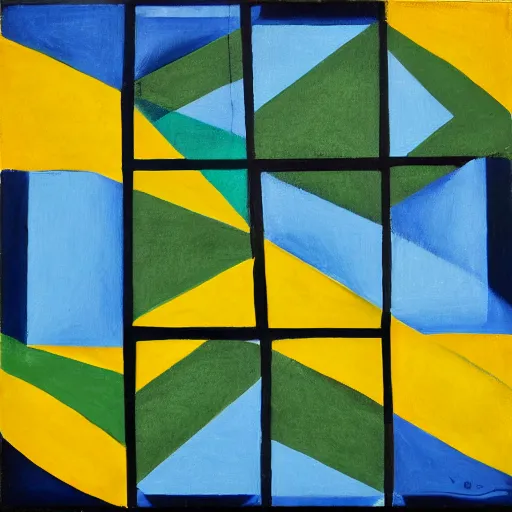 Image similar to painting, four rectangle and one triangle shapes, in blue, in yellow, in green, divided by black lines