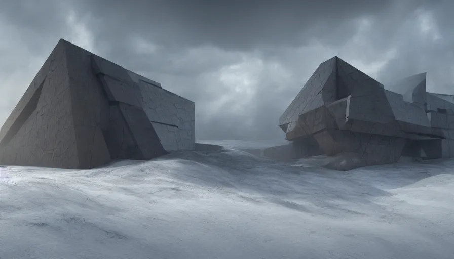 Prompt: brutalist prism mega structure in edge of artic mountains snow hills in the distance, volumetric light, storm, hyperdetailed, artstation, cgsociety, 8 k