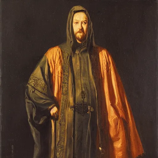 Image similar to a man wearing a long cloak and hood, holding golden chains, oil painting, portrait, high detail