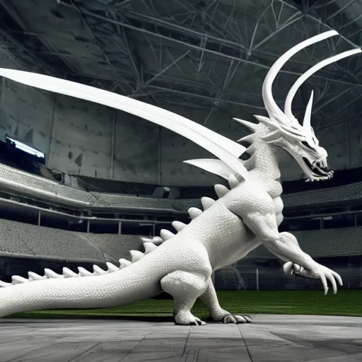 Image similar to the white dragon in the sports arena, octane render, realistic, unreal engine 5, raytracing, trending on artstation