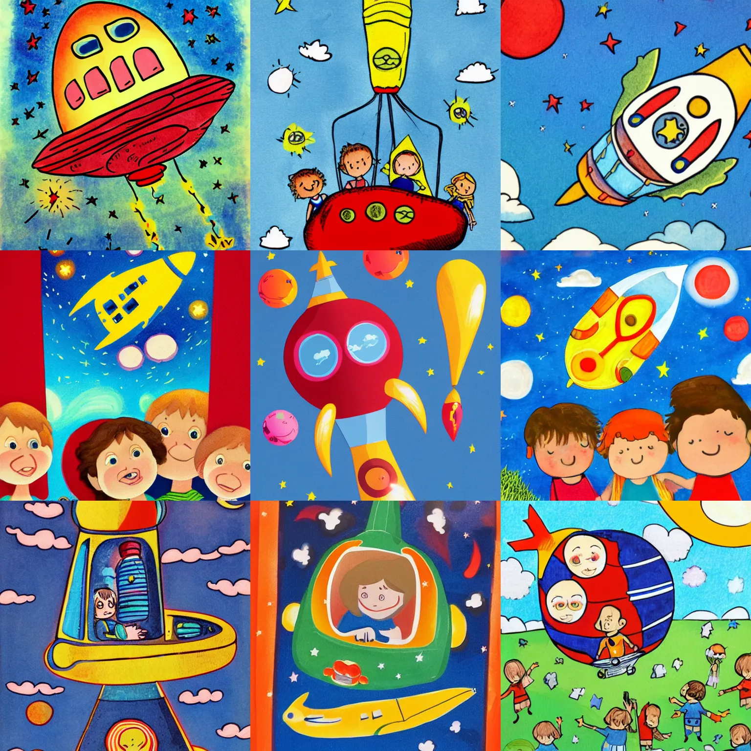 Prompt: the children climbed into the rocket ship and blasted off into the sky, tiny Childrens Illustration, in the style of Dorothy Brook