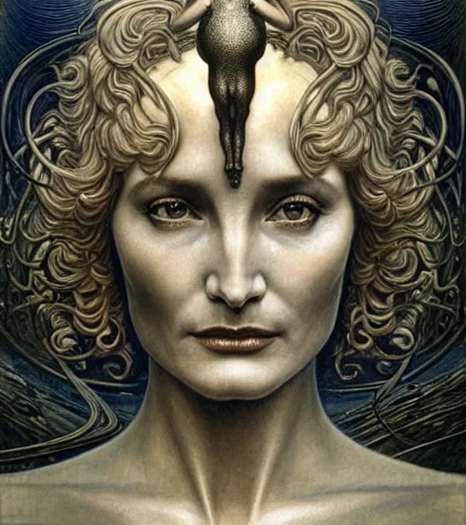 Image similar to detailed realistic beautiful young alien robot jessica lange as queen of mars face portrait by jean delville, gustave dore and marco mazzoni, art nouveau, symbolist, visionary, gothic, pre - raphaelite. horizontal symmetry by zdzisław beksinski, iris van herpen, raymond swanland and alphonse mucha. highly detailed, hyper - real, beautiful