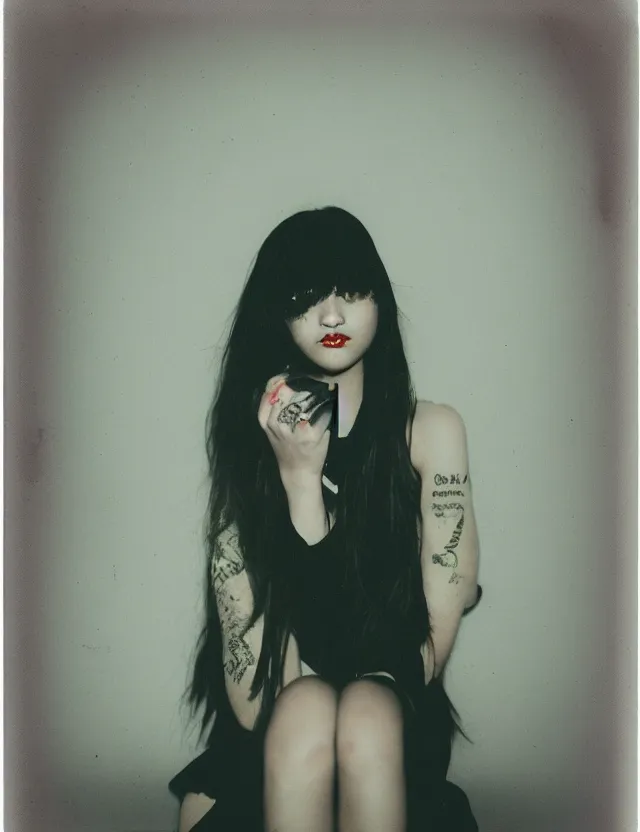 Prompt: polaroid photo with flash, girl sitting on a bad, heavy make up, grunge style, asian, polaroid photo bleached strong lights, kodak film stock, hyper real, stunning moody cinematography, with anamorphic lenses, by maripol, detailed
