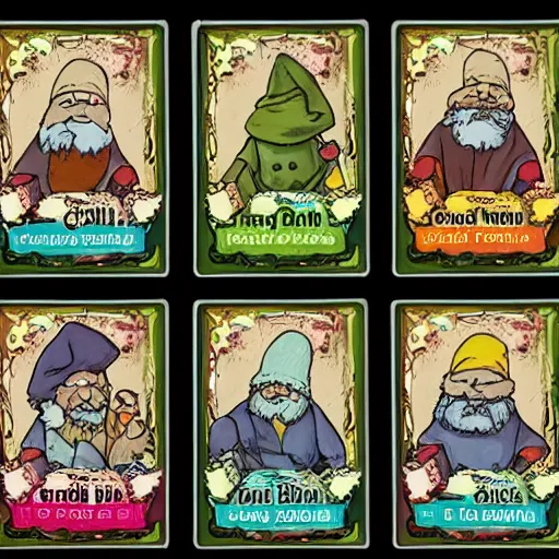 Prompt: garden gnome trading cards. magical attributes, spells, strengths and weakness, points, intricate borders, trading card style