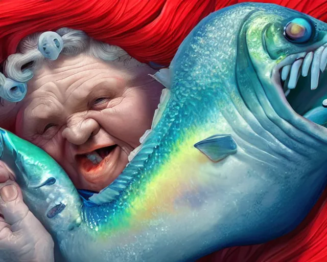 Image similar to of a very beautiful scene. ambient occlusion render. a sweet fat old woman is giving birth to a huge colorful fish. hyper realistic. 4 k. wide angle. sadness symmetrical face, red mouth, blue eyes. deep focus, lovely scene. ambient occlusion render. concept art. unreal engine.