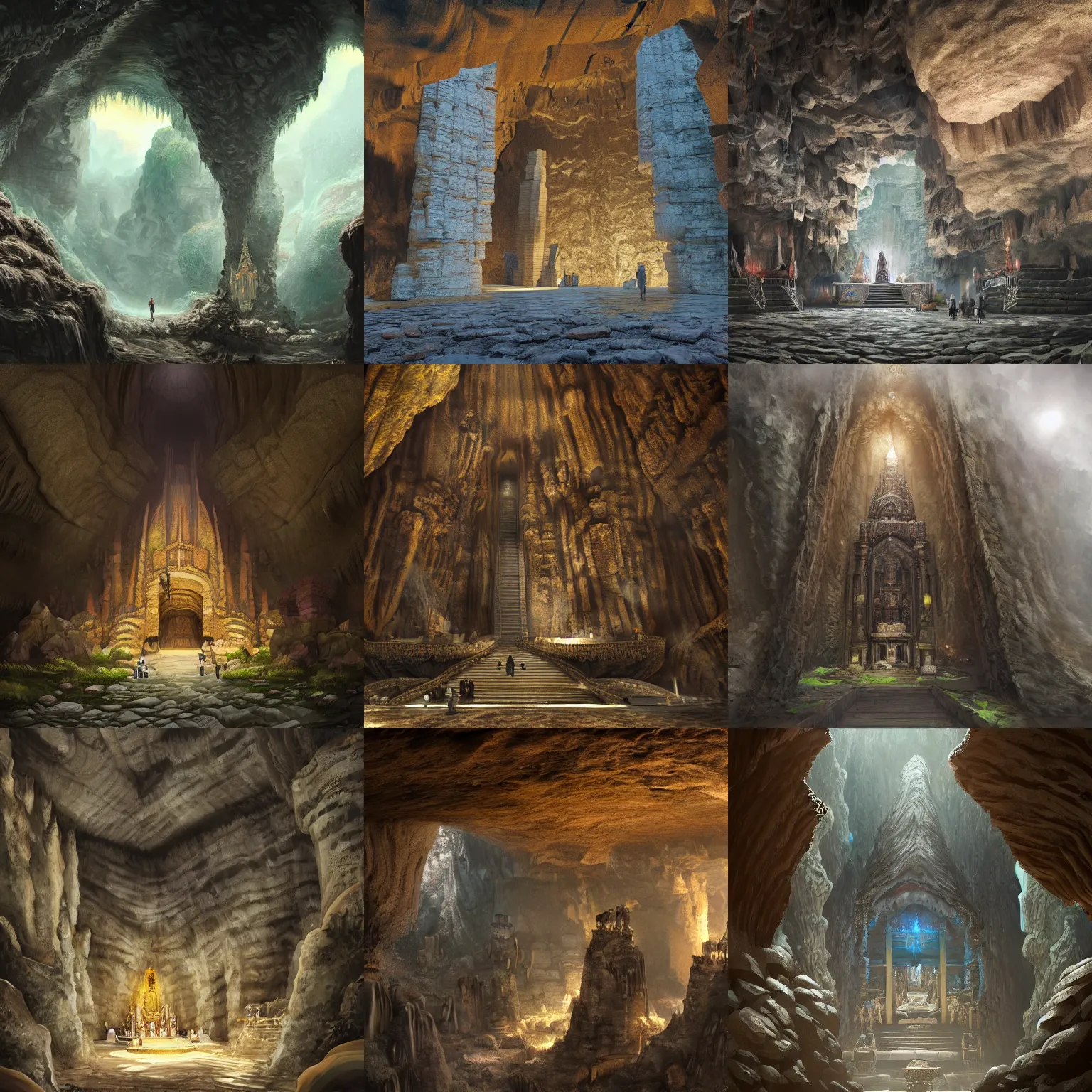 Prompt: detailed temple inside a giant cave, masterpiece, trending on artstation
