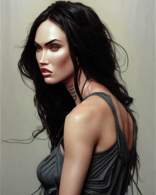 Prompt: portrait of megan fox vampire, dark, piercing eyes, gentle expression, elegant clothing, photorealistic, highly detailed, artstation, smooth, sharp focus, art by michael whelan, artgerm, greg rutkowski and alphonse mucha