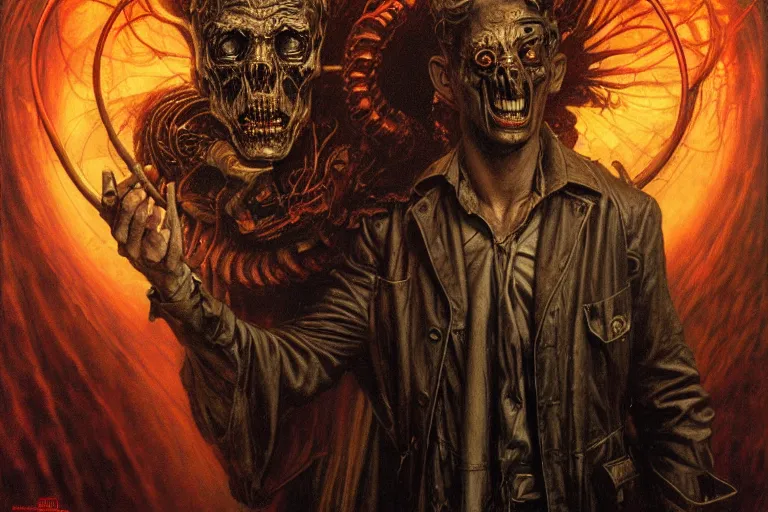 Image similar to kinnaman joel in constantine ( 1 9 8 4 ) artwork, 4 k digital art, neon, 8 0's style tomasz alen kopera, peter mohrbacher, donato giancola, ilya repin, drew struzan hyperrealistic oil painting, gothic ghost horror biomechanical hell demons, frank frazetta