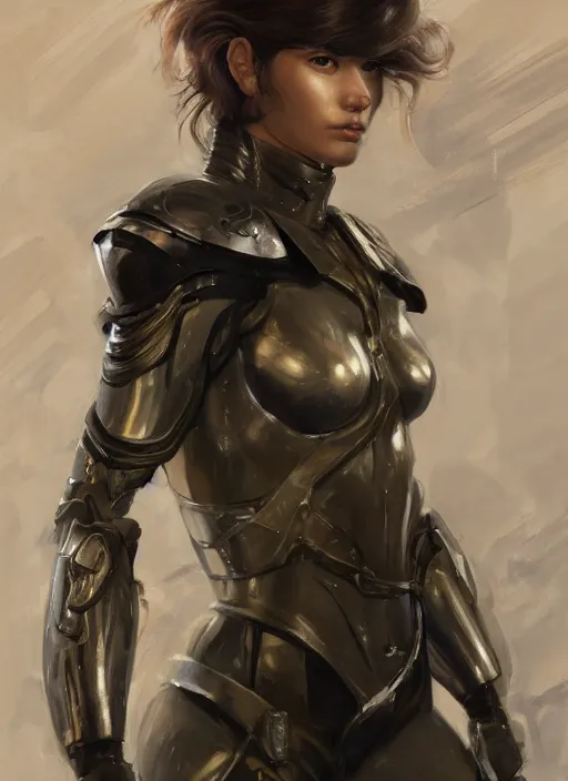 Image similar to a professional painting of a beautiful young female, clothed in military armor, olive skin, long dark hair, beautiful bone structure, symmetrical facial features, intricate, elegant, digital painting, concept art, smooth, sharp focus, illustration, from Metal Gear, by Ruan Jia and Mandy Jurgens and Artgerm and William-Adolphe Bouguerea