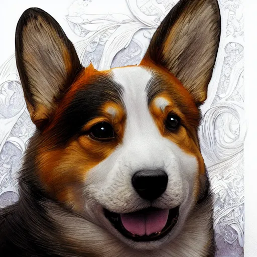 Image similar to a photograpic portrait of a corgi, fantasy, intricate, elegant, highly detailed, digital painting, artstation, concept art, smooth, sharp focus, illustration, art by artgerm and H R Giger and alphonse mucha