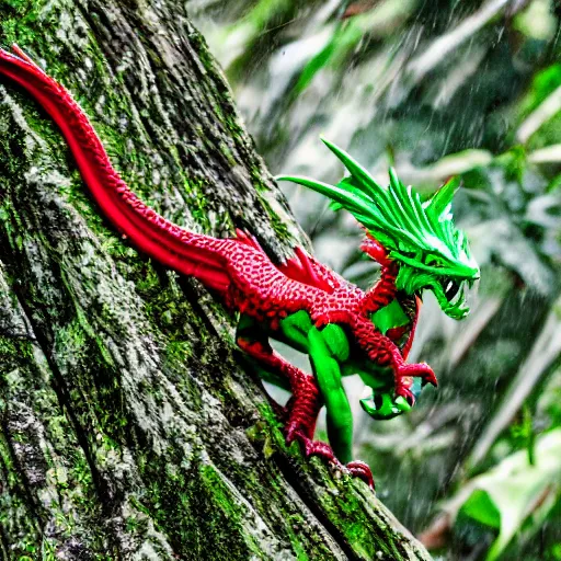 Image similar to a green and red dragon eating in a rain forest