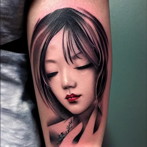 Image similar to tattoo design, stencil, portrait of a japanese girl, fantasy, artgerm