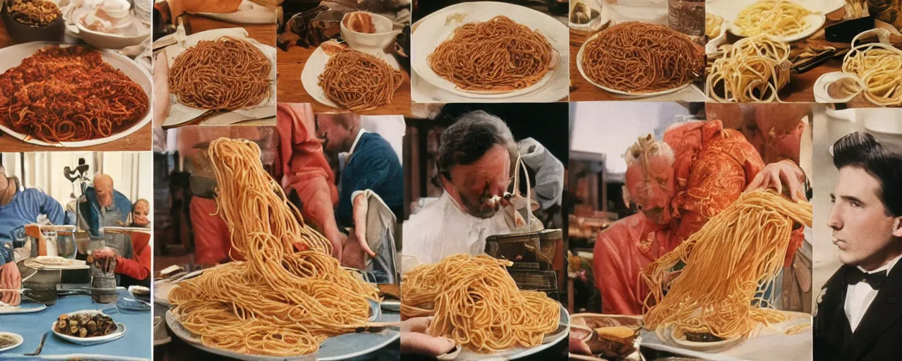 Prompt: famous moments in history that include spaghetti, small details, intricate, canon 5 0 mm, wes anderson film, kodachrome