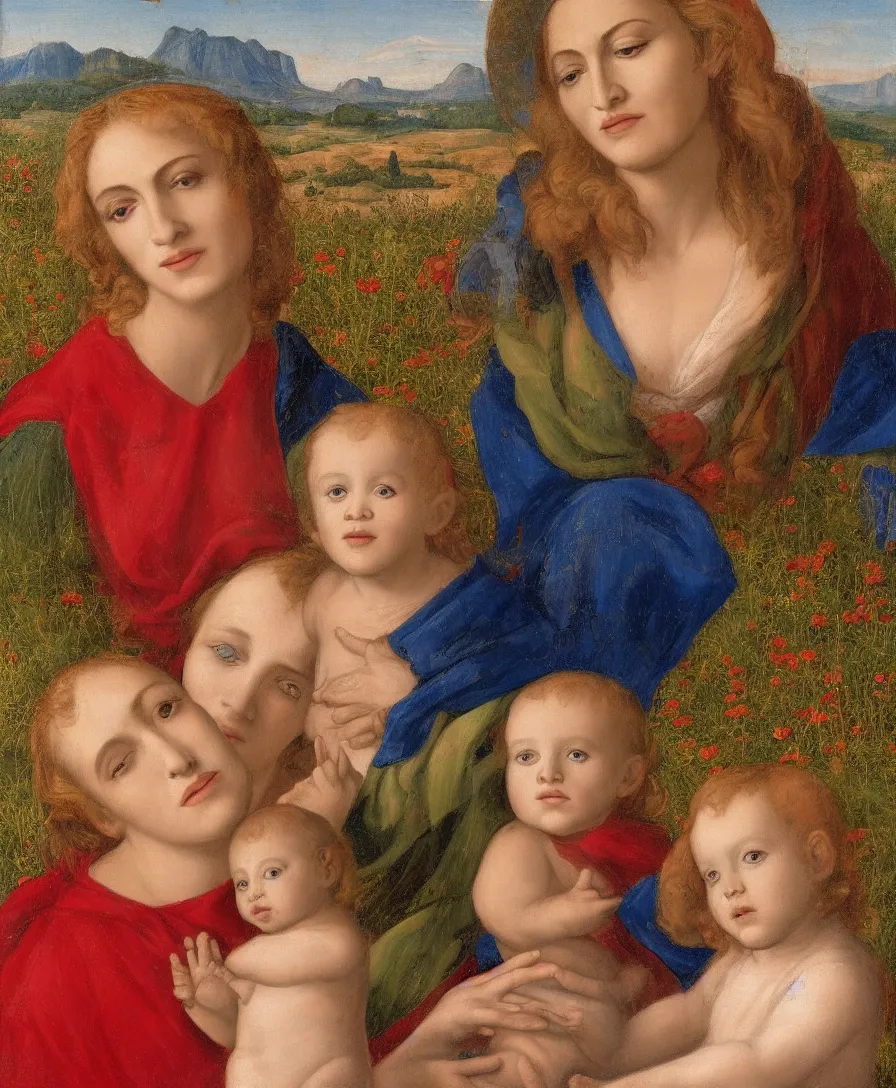 Prompt: Detailed Portrait of Madonna, with infant Jesus and another boy playin in front of her in the style of Raffael. Red hair. They are sitting in a dried out meadow near in Tuscany, red poppy in the field. On the horizon there is a blue lake with a town and blue mountains. Flat perspective.