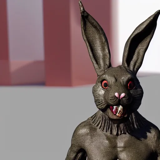 Image similar to a realistic clay sculpture of a very scary bunny with sharp teeth made by michelangelo, standing in times square, 3 d render, hyper detailed, sharp focus, 8 k resolution