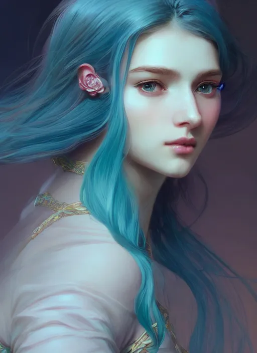 Prompt: beautiful girl with long turqoise hair, cute, intricate, highly detailed, digital painting, trending on artstation, concept art, smooth, sharp focus, illustration, unreal engine 5, 8 k, art by artgerm and greg rutkowski and alphonse mucha