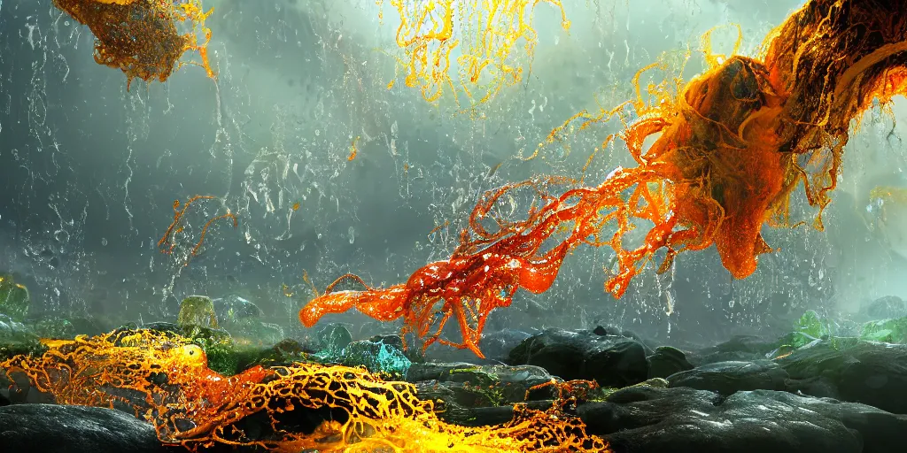 Image similar to Photorealistic picture of a glossy wet levitating floating fungus spirit with arms outstretched, made from colorful wet fungus tendrils. a gentle rising mist, an epic rocky landscape. occult photorealism, UHD, amazing depth, glowing, golden ratio, 3D octane cycle unreal engine 5, volumetric lighting, cinematic lighting, cgstation artstation concept art