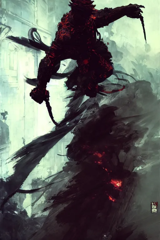 Image similar to a demonic ninja warrior, painting by geg ruthowski, alphonse murac, craig mullins, ruan jia, wlop, yoji shinkawa, collaborative artwork, exquisitely high quality and detailed