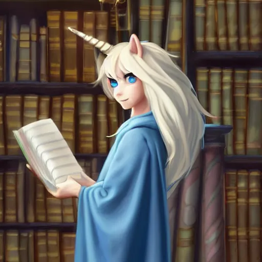 Prompt: portrait of an anthropomorphic unicorn with brown mane wearing a blue hood and blue robe holding a book inside an old library, fantasy, my little pony, character design by charlie bowater, ross tran, artgerm, and makoto shinkai, detailed, soft lighting, rendered in octane