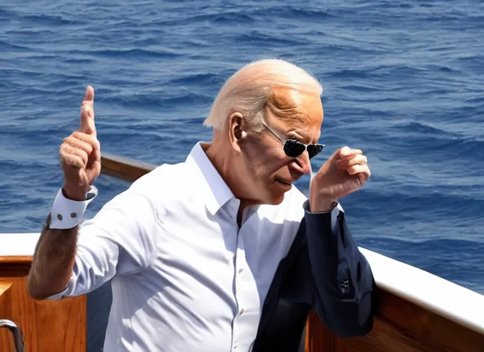 Image similar to confused Joe Biden scratching his neck standing in the middle of the ocean