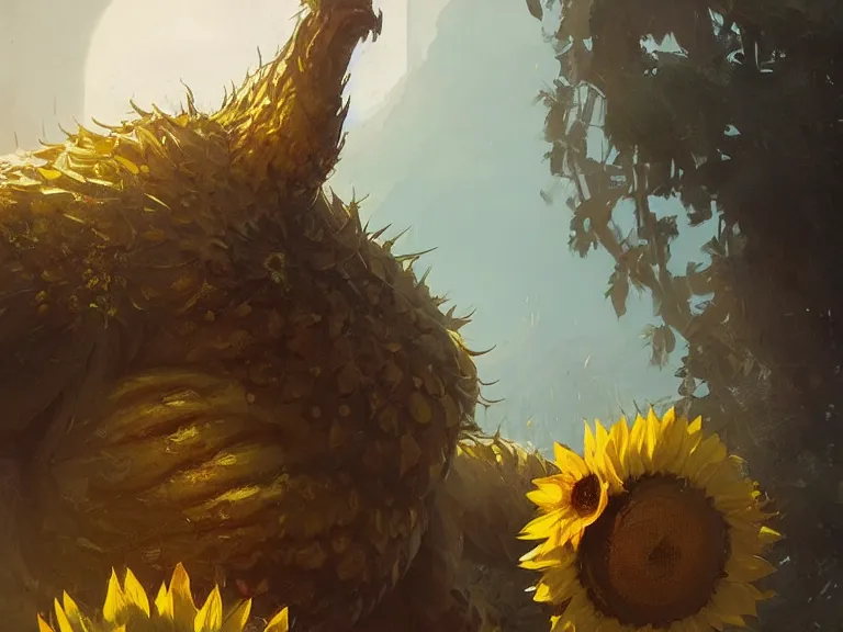 Image similar to sunflower giant monster, concept art by Greg Rutkowski, artstation, cgsociety