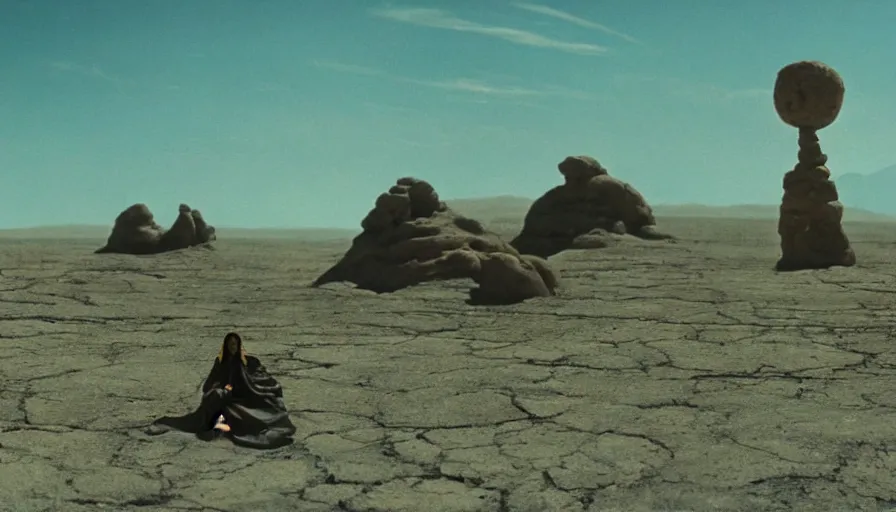 Image similar to salvador dali and bene gesserit in full - face golden glowing mask in a black rocky desert landscape with alien abandoned city beneath the sand and giant alien spaceship in the sky attacks the earth by christopher doyle and alejandro jodorowsky, anamorphic lens, kodakchrome, cinematic composition, very detailed photo, 8 k,