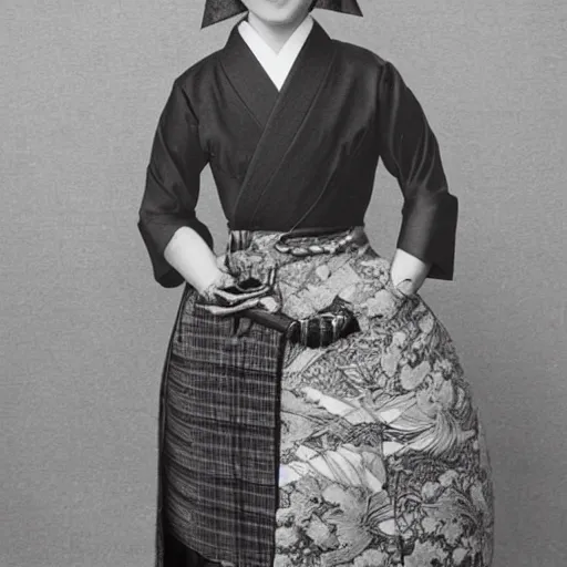 Prompt: photo of a japanese - scottish woman wearing an outfit that combines scottish and japanese cultural motifs