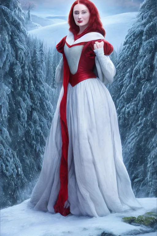 Prompt: matte painting of sophie turner as snow white, by greg rutowski