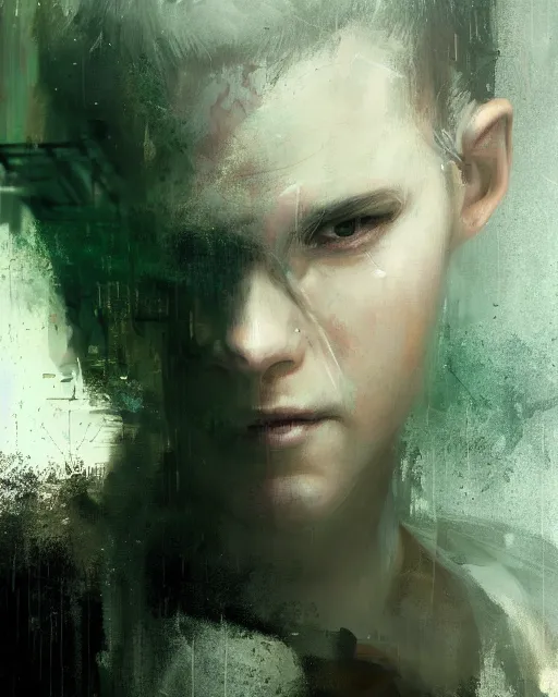 Image similar to battle hardened, overpowering, pragmatic, charismatic character from the matrix, face centered portrait, confident, ruined cityscape, sterile minimalistic room, architecture, fog, volumetric lighting, illustration, perfectly shaded, greenish tinge, cold lights soft painting, art by krenz cushart and wenjun lin