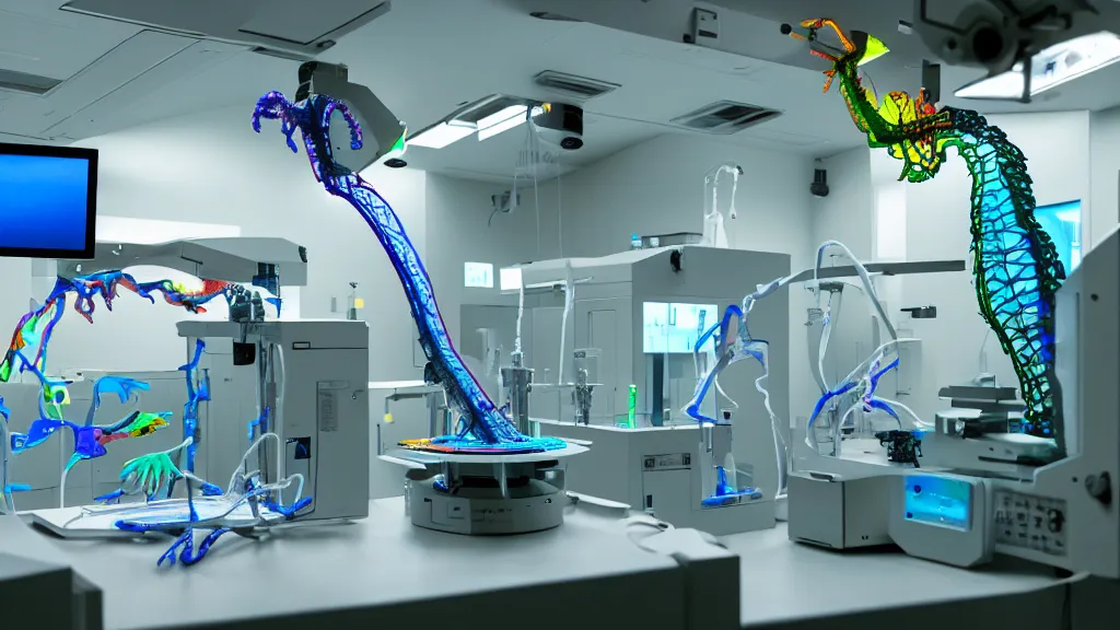 Image similar to a complex bifurcated surgical arm mri 3 d printer machine making colorful mutant forms with control panels in the laboratory inspection room, film still from the movie directed by denis villeneuve with art direction by salvador dali, wide lens