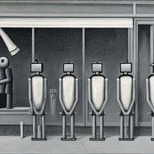 Image similar to robots queue up for ice cream, ( ( ( grant wood ) ) ), pj crook, ( ( ( edward hopper ) ) ), oil on canvas